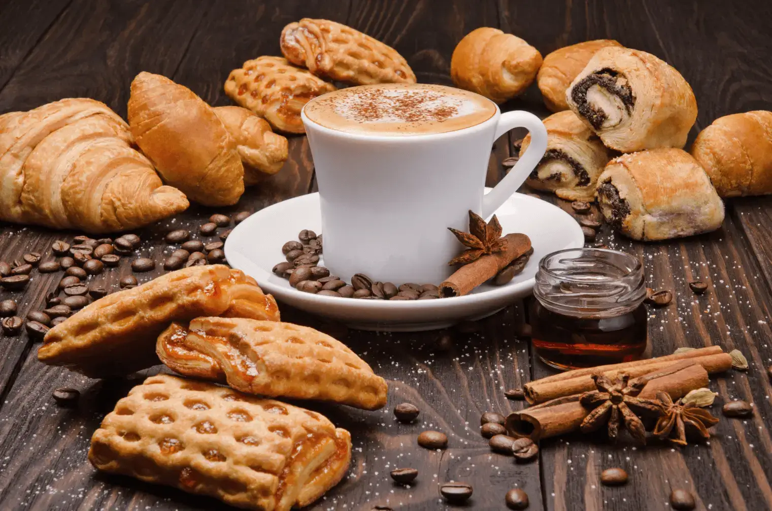 An assortment of fresh pastries and coffee for a coffee break